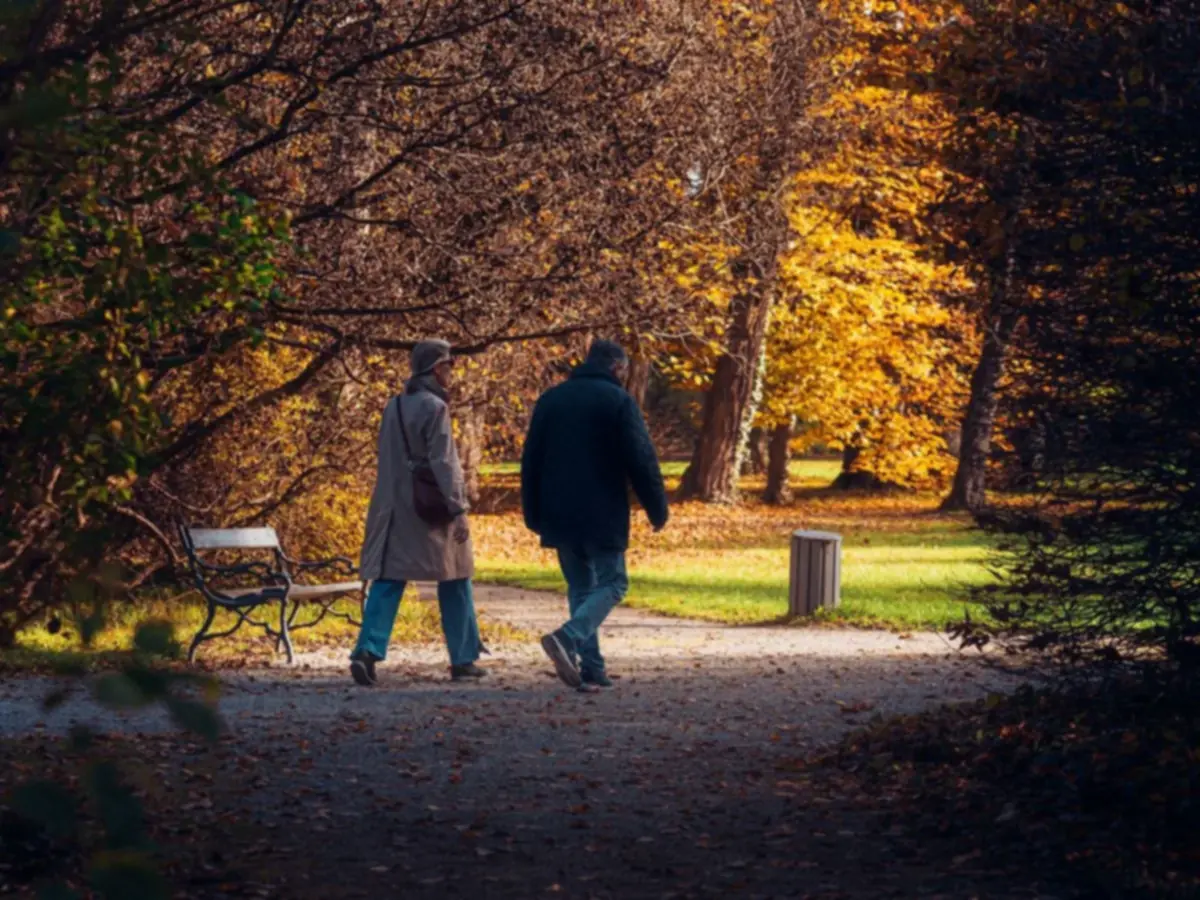 Pareja caminando sin prisa por un sendero de parque en otoño, bajo árboles dorados
