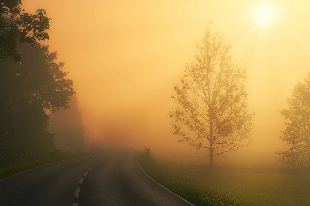 Carretera que se pierde en una niebla dorada al amanecer, entre árboles