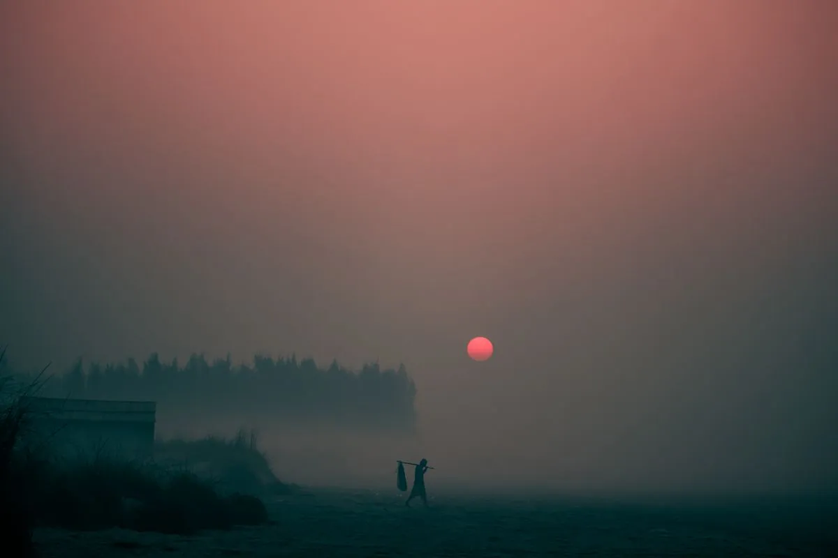 Persona caminando en un campo con neblina bajo un sol suave
