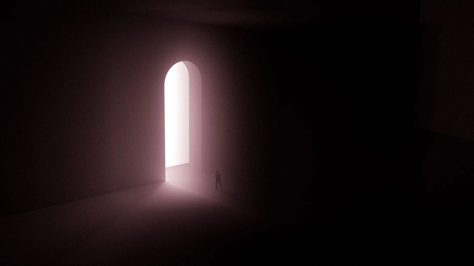 Silueta diminuta frente a una puerta en arco llena de luz, en un espacio oscuro